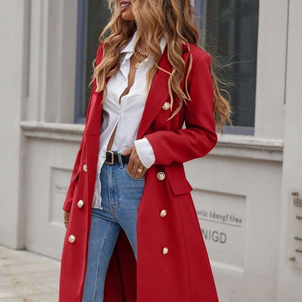 Red Casual Womens Lapel Neck Double Breasted Overcoat - Picture 5 of 5